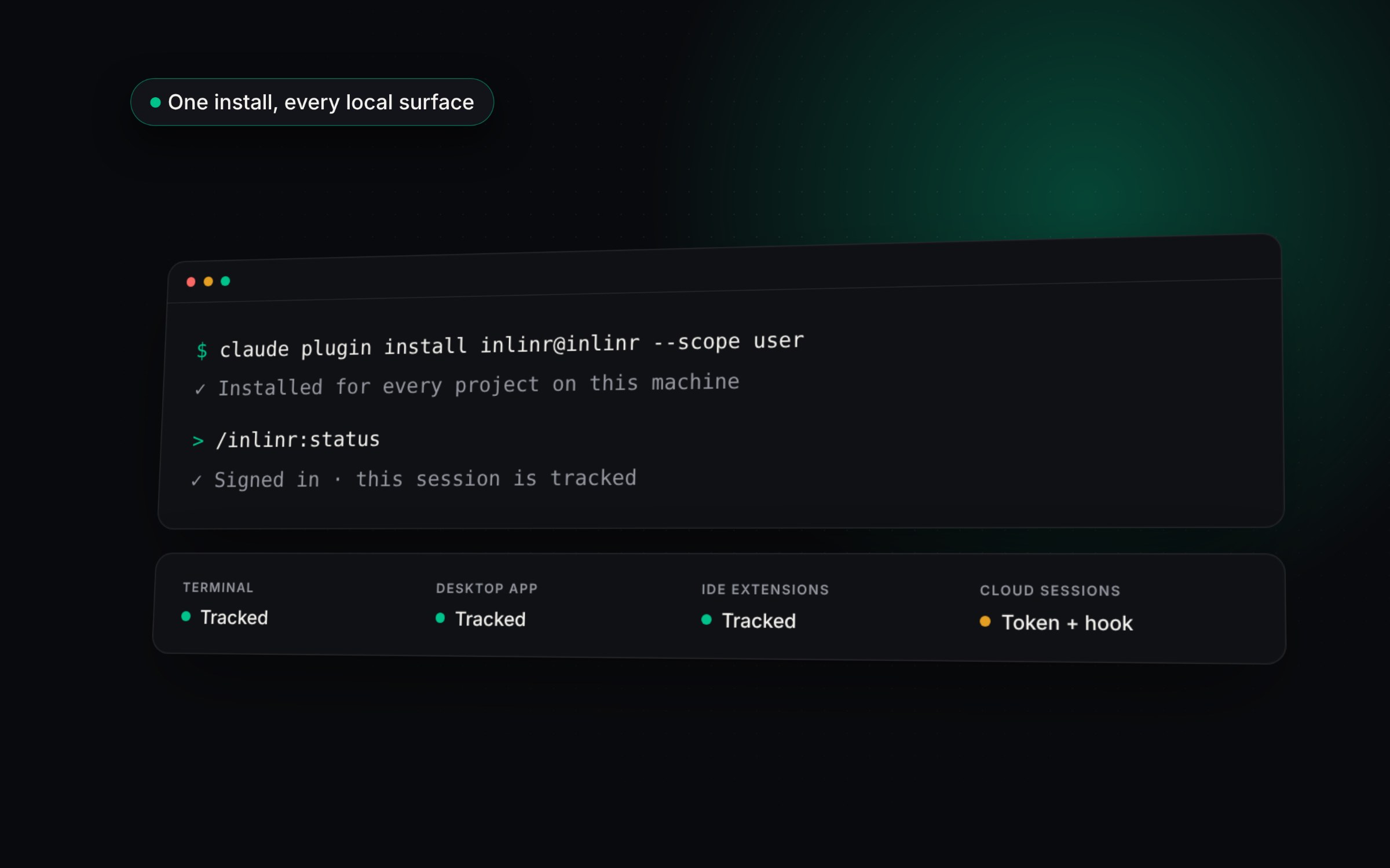 Installing the Inlinr plugin for Claude Code, with the terminal, desktop app, IDE extensions and cloud sessions tracked